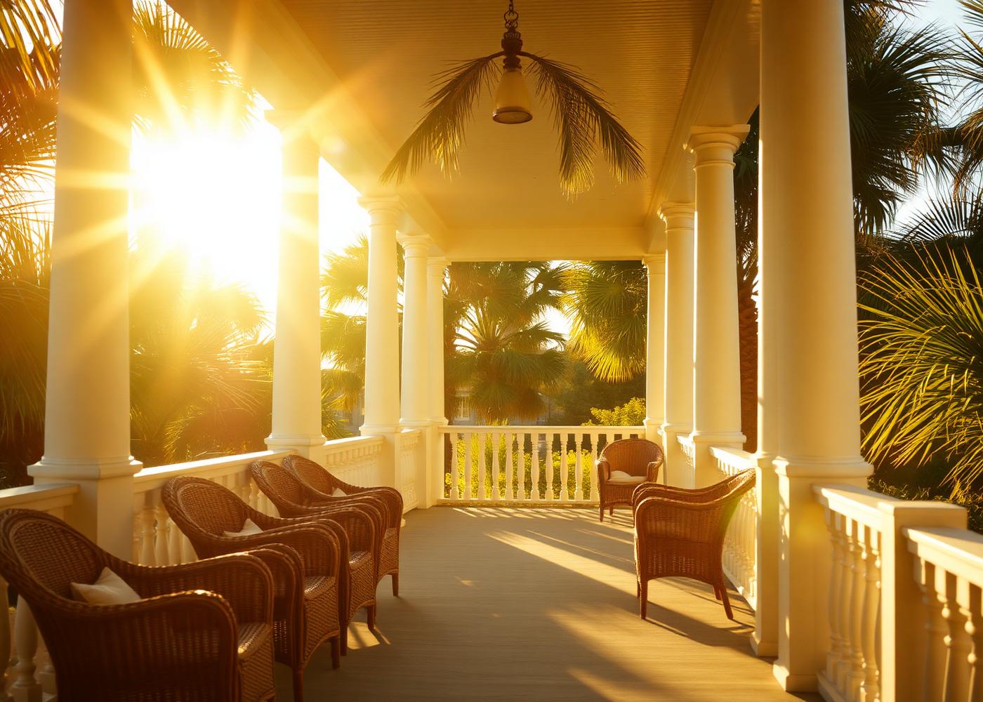 Palm-lined verandah at golden hour